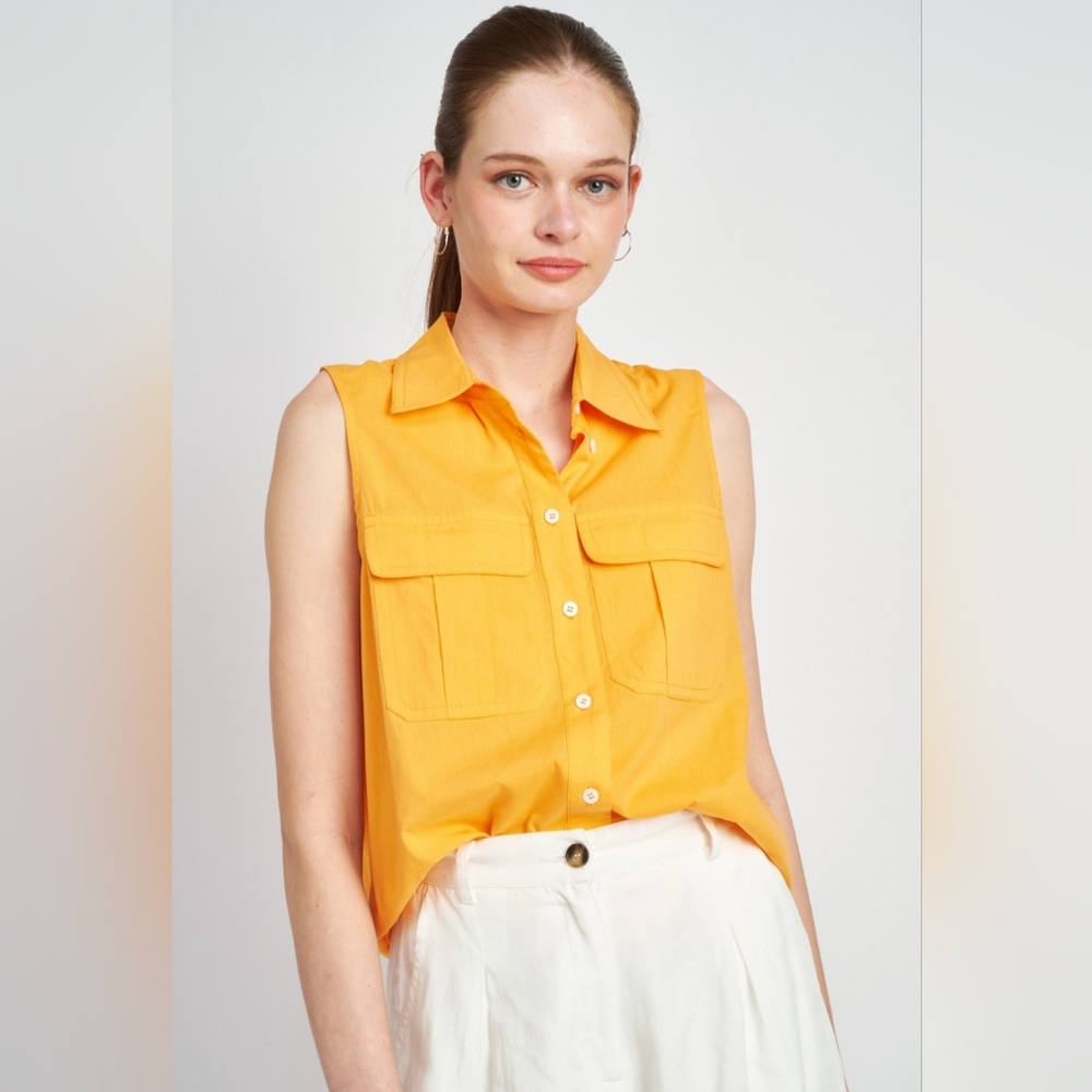 Kenchima Orange Sleeveless Button Front Blouse | Collared Summer Top